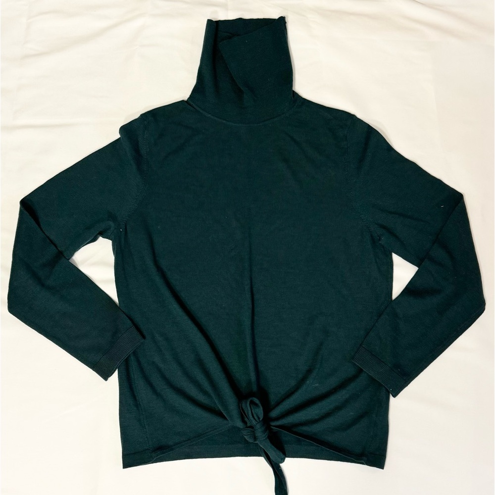 Talbots 100% Merino Wool Turtleneck Dark Green Comfy Waist Tie Sweater